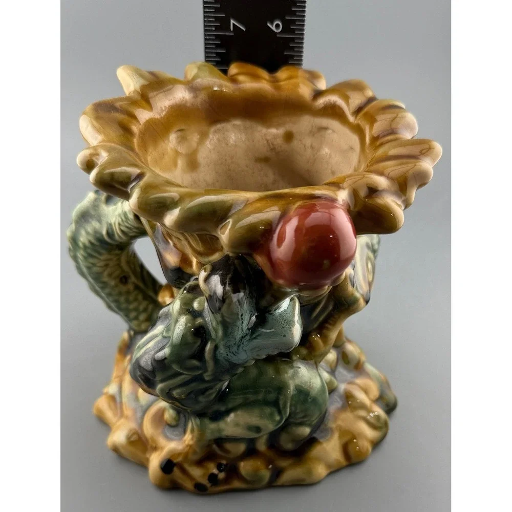 Vintage Dragon Vase Figural Art Pottery Majolica Style Green Brown Ceramic 5